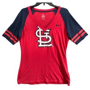 St Louis Cardinals Nike T Shirt Women L Red Blue MLB Baseball V Neck Fan Apparel